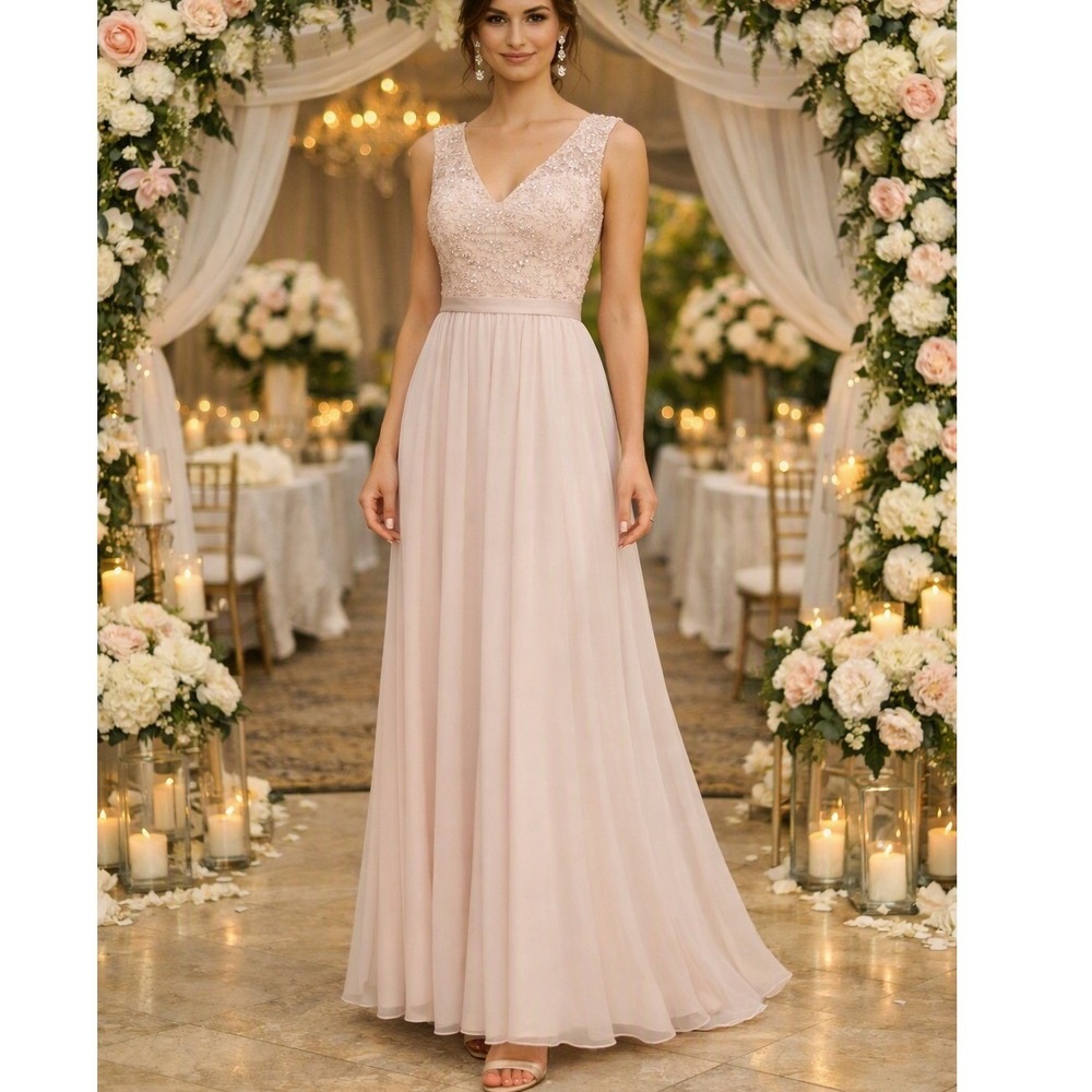 Mori Lee Madeline Gardner Blush Pink Lace Sequin Open Back Chiffon Gown Dress